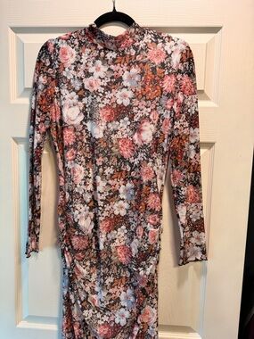 Floral Long Sleeve Midi Dress - Pink, Rust & Cream